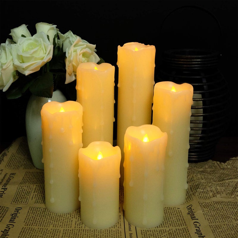 DRomance Flameless Flickering Candles Battery Operated with Remote and Timer, Set of 6 Dripping Wax LED Pillar Candles Halloween Christmas Holiday Indoor Decor(Ivory, 2.2 x 4-9 Inches) - Image 3